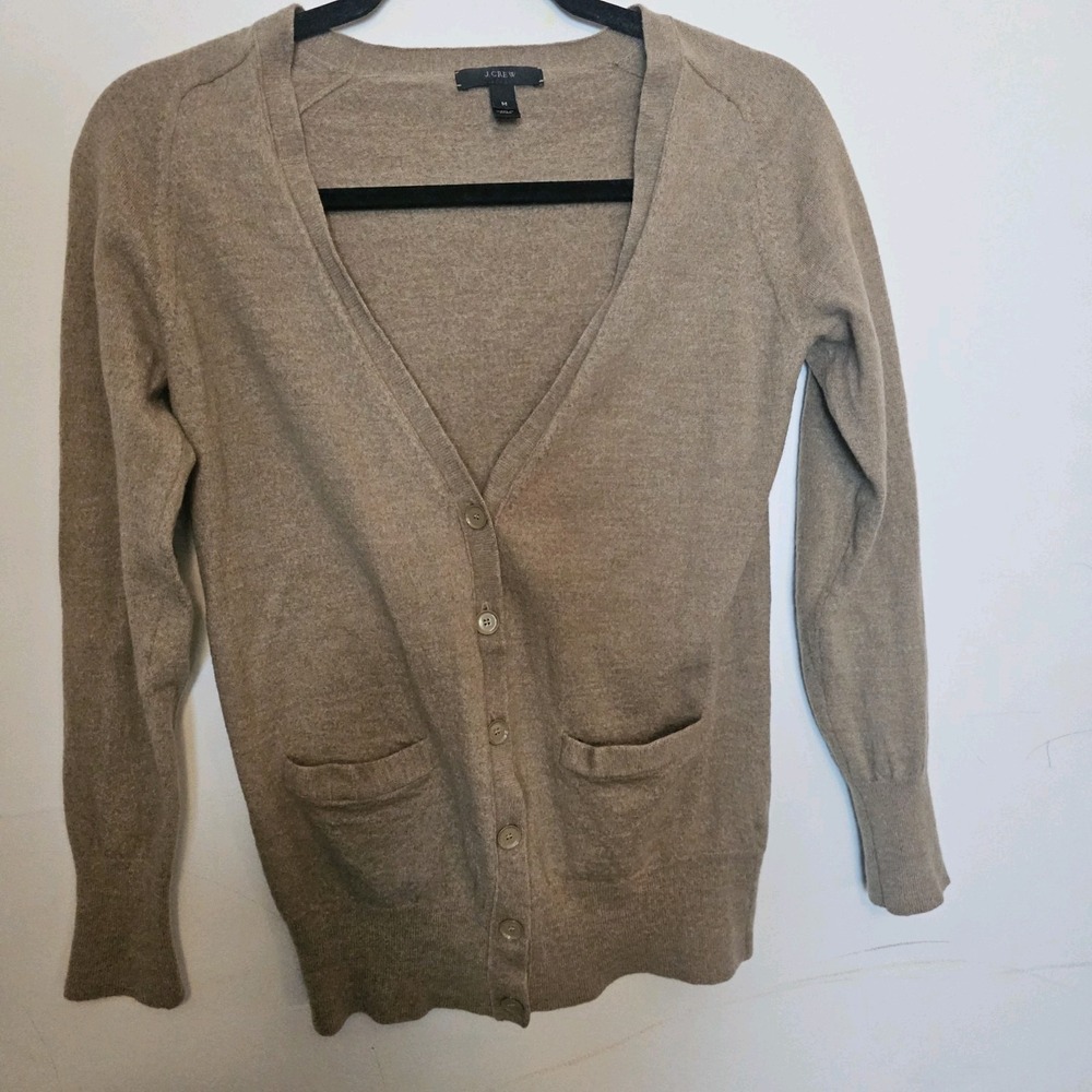 J.CREW M Women's Camel ButtonUp Sweater Cardigan 100% Merino Wool, Office Preppy